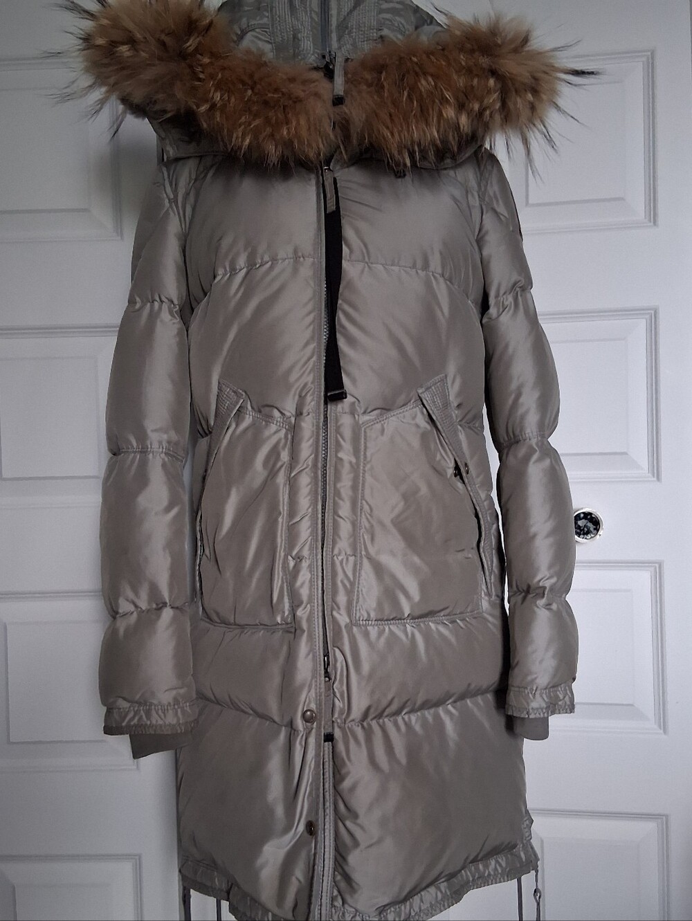 Parajumpers Long Bear Down Parka Pufder Size SMALL Silver Iridescent Taupe GUC